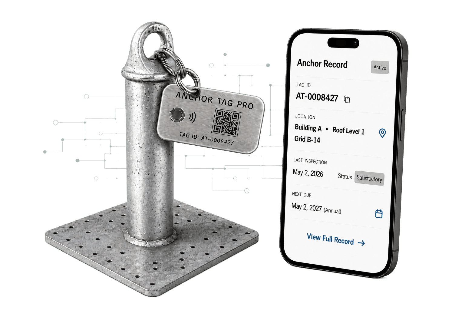 A physical Asset Tag Pro NFC/QR tag mounted on a roof anchor, next to a phone showing its digital Asset Record